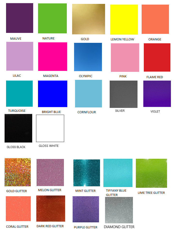 Color swatch chart with various colors and finishes